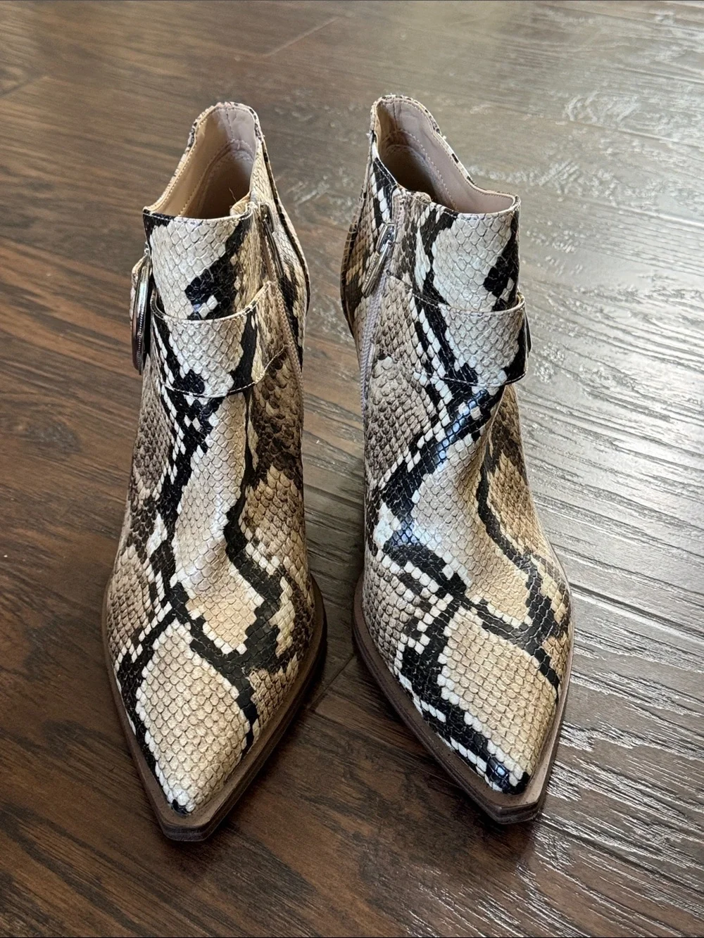 Vince Camuto Snake-Print Pointed Ankle Boots in Beige and Black